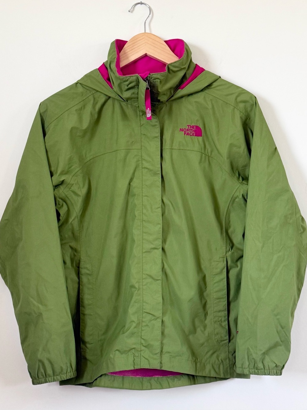 The North Face Olive Green Windbreaker / Rain Jacket with Pink Accents